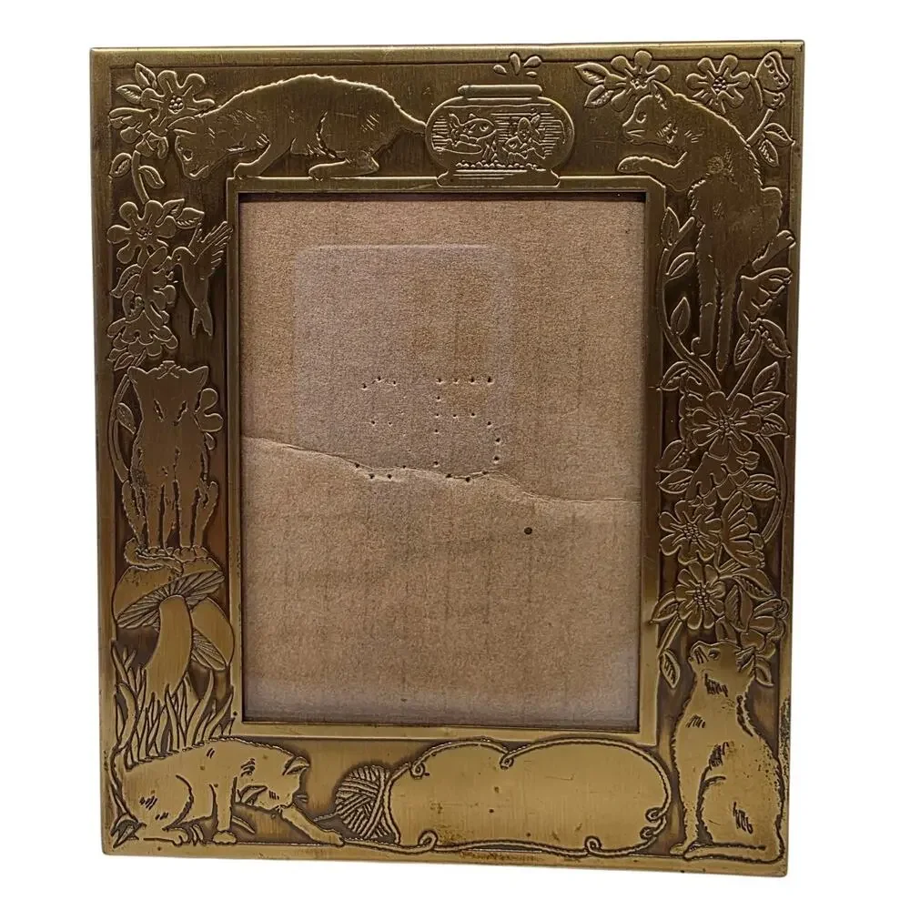 Vintage M.W. Carr Brass Cat Picture Frame 3x4 Solid Brass Kitten Decor